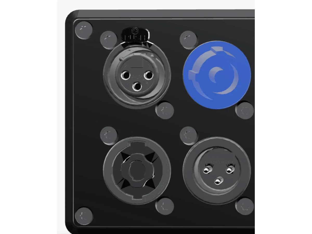 A Magic IO frontplate fitted with Neutrik XLR, powerCON and speakON connectors